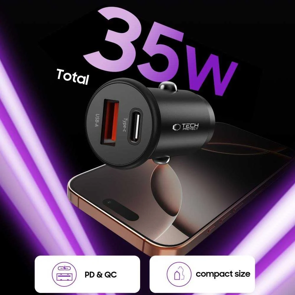 Tech-Protect CC02 35W automobilinis įkroviklis su 2 prievadais USB-C / USB-A - Juodas