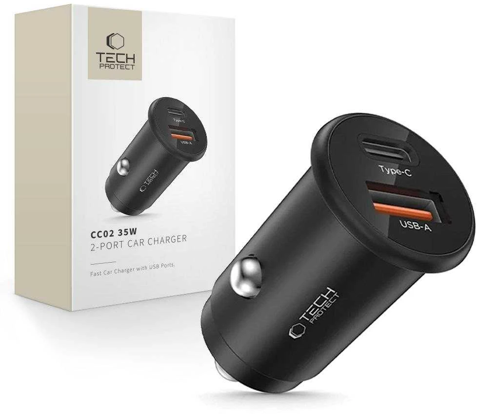 Tech-Protect CC02 35W automobilinis įkroviklis su 2 prievadais USB-C / USB-A - Juodas