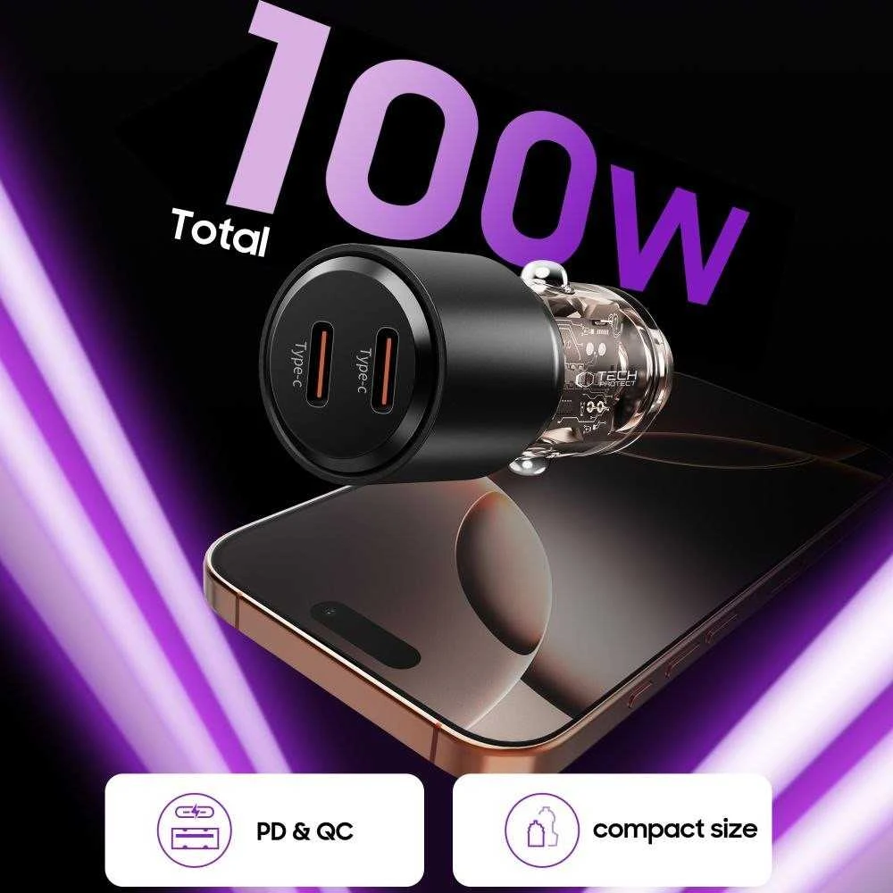 „Tech Protect CC03“ 2 prievadų PD100W automobilinis įkroviklis - juodas