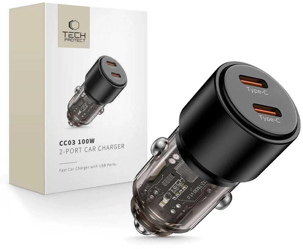 „Tech Protect CC03“ 2 prievadų PD100W automobilinis įkroviklis - juodas
