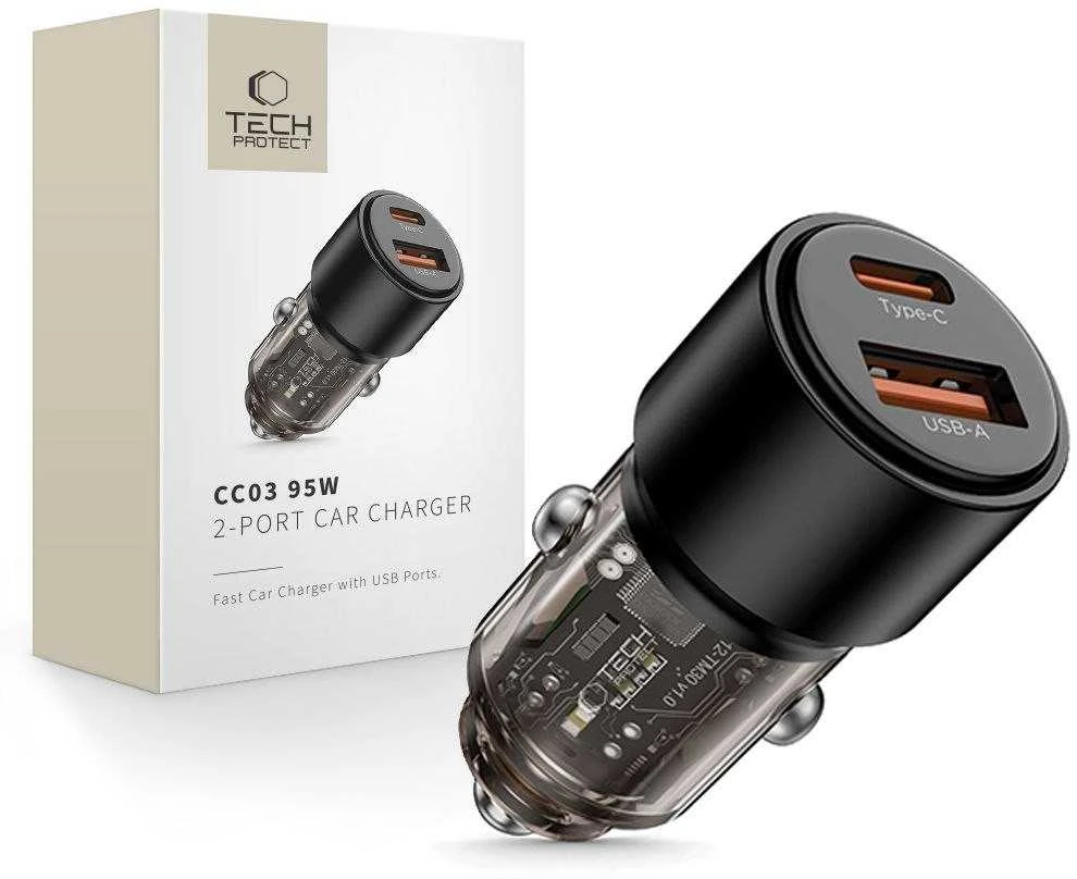 Tech-Protect CC03 95W 2 prievadų USB-A / USB-C automobilinis įkroviklis - Juodas