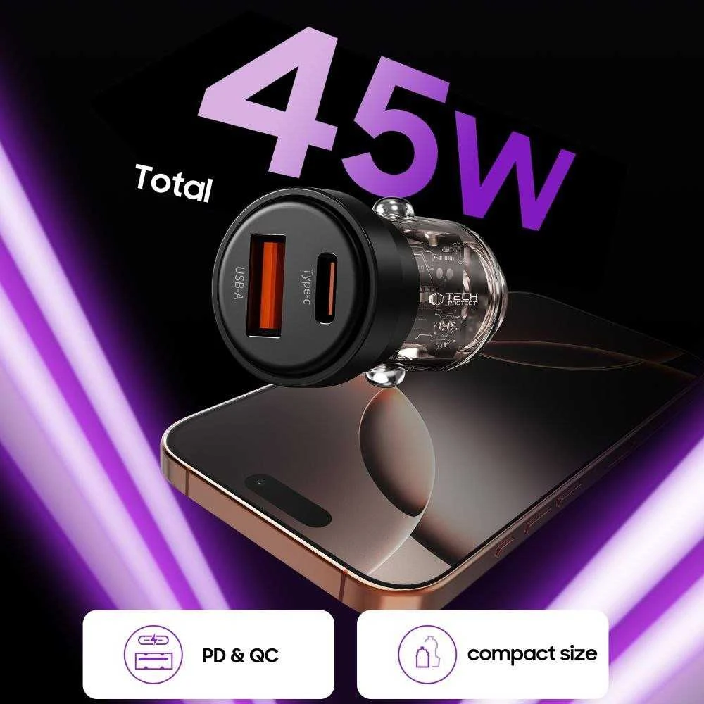 Tech-Protect CC03 45W 2 prievadų USB-A / USB-C automobilinis įkroviklis - Juodas