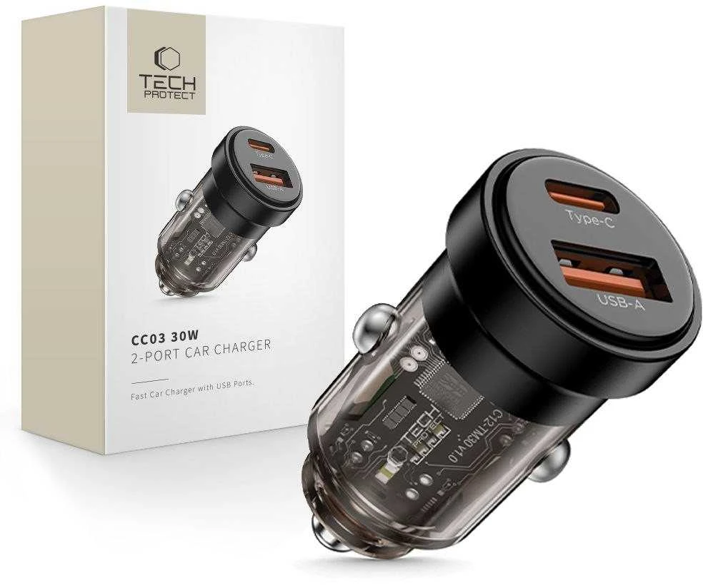 Tech-Protect CC03 30W 2 prievadų USB-A / USB-C automobilinis įkroviklis - Juodas