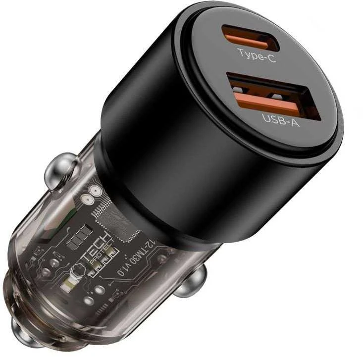 Tech-Protect CC03 95W 2 prievadų USB-A / USB-C automobilinis įkroviklis - Juodas