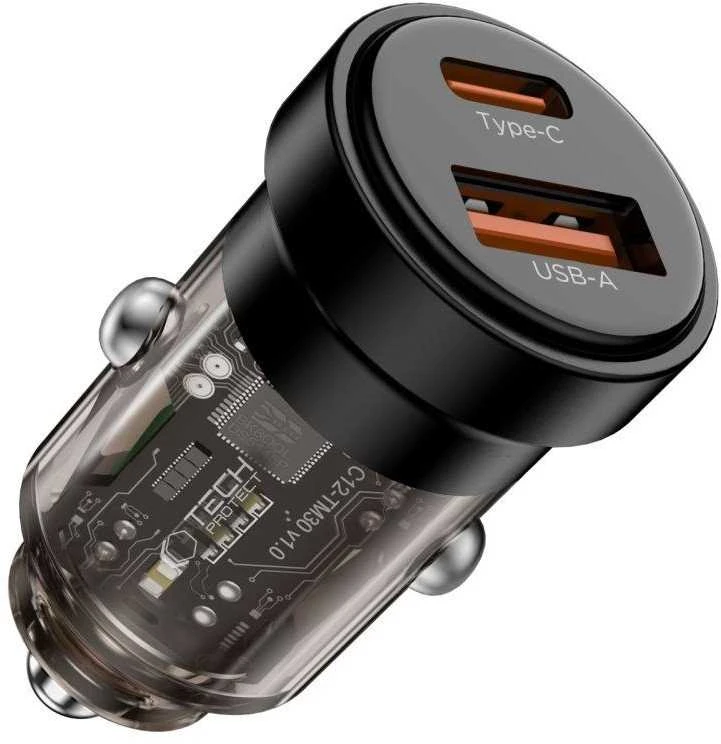 Tech-Protect CC03 30W 2 prievadų USB-A / USB-C automobilinis įkroviklis - Juodas
