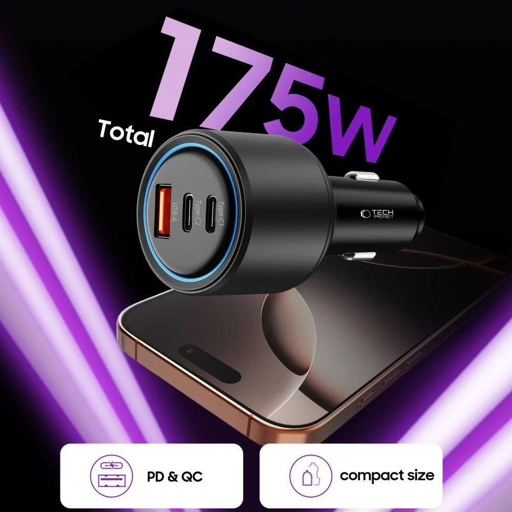 „Tech Protect CC04“ 3 prievadų PD175W automobilinis įkroviklis - juodas