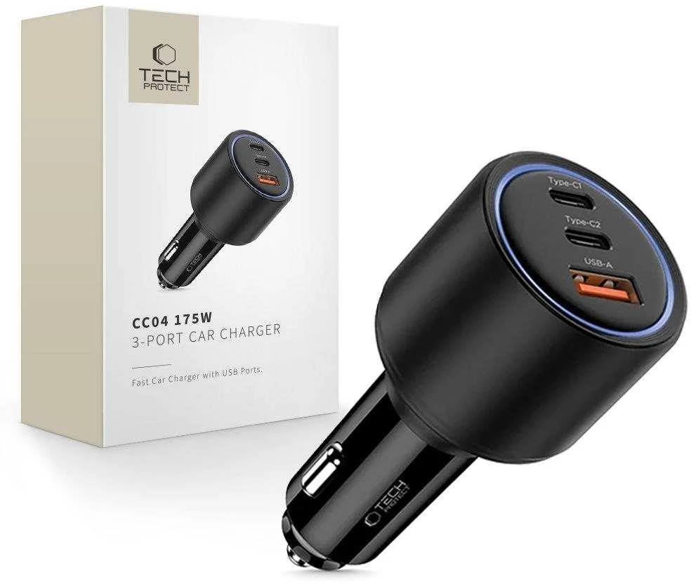 „Tech Protect CC04“ 3 prievadų PD175W automobilinis įkroviklis - juodas