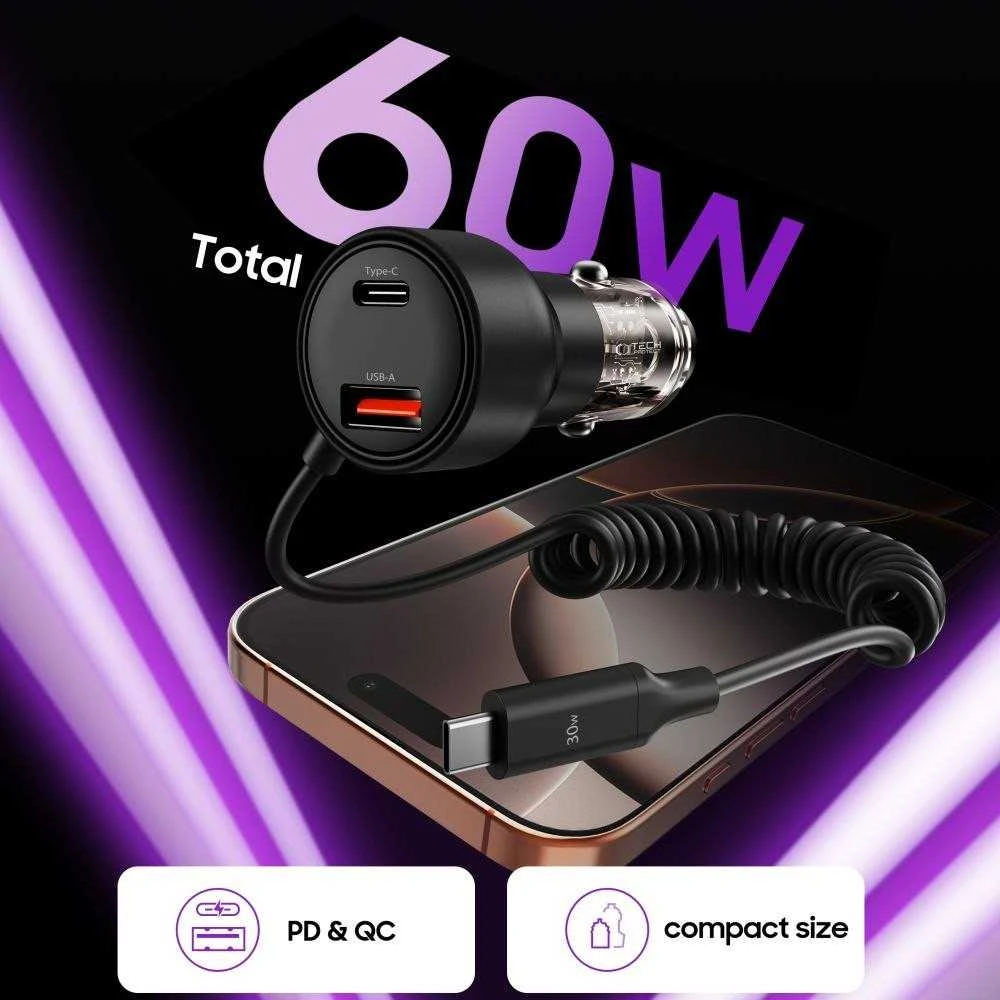 Tech Protect CC05 automobilinis įkroviklis su 2 prievadais, PD60 W, USB-C laidas - Juodas