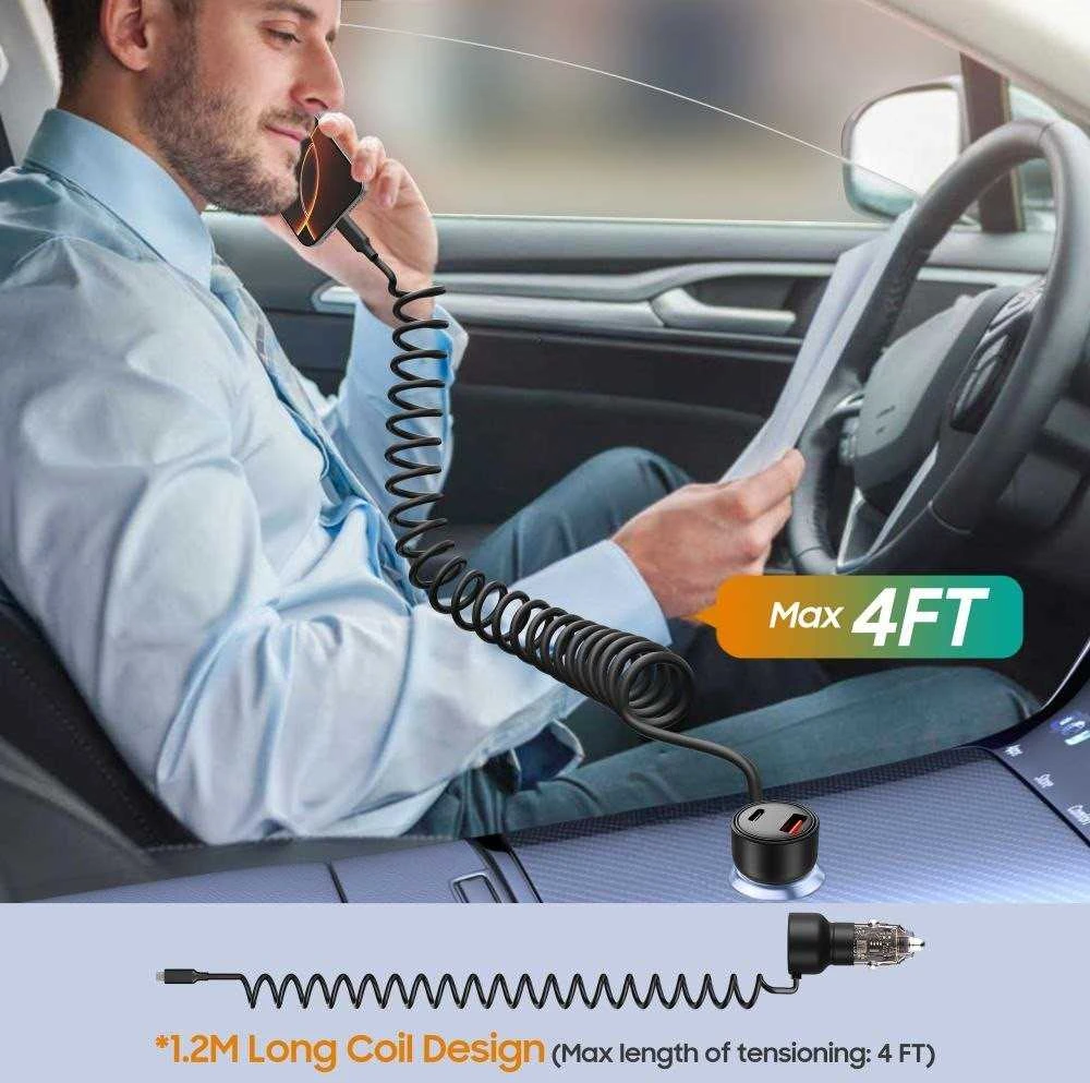 Tech Protect CC05 automobilinis įkroviklis su 2 prievadais, PD60 W, USB-C laidas - Juodas