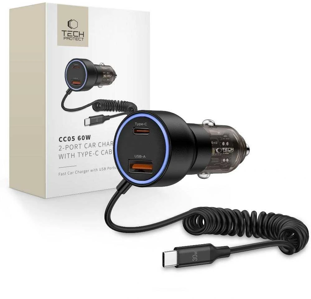 Tech Protect CC05 automobilinis įkroviklis su 2 prievadais, PD60 W, USB-C laidas - Juodas