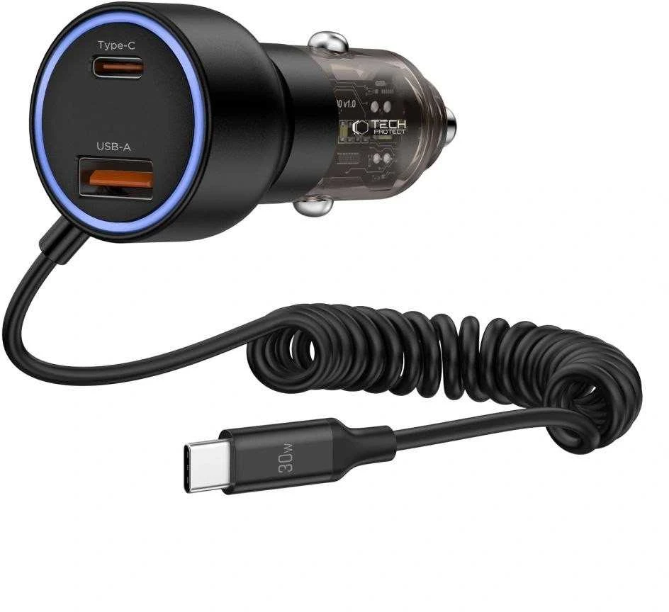 Tech Protect CC05 automobilinis įkroviklis su 2 prievadais, PD60 W, USB-C laidas - Juodas