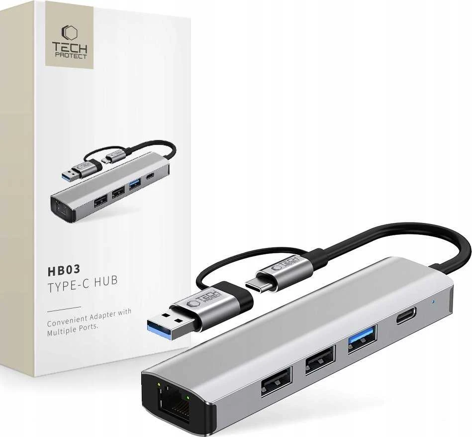 Tech-Protect HB03 HUB Adapteris 5in1 USB-C + USB2.0 + USB3.0 + RJ45 - pilka