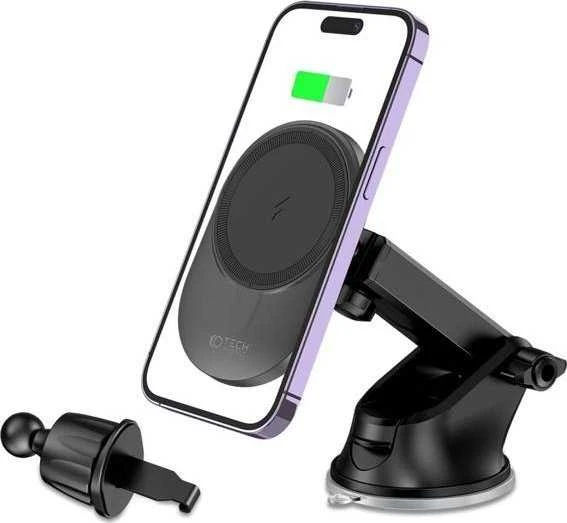 Magnetinis automobilinis laikiklis MagSafe su 15W indukciniu prietaisų skydelio / ventiliacijos grotelių įkrovimu Teleskopinė rankena Tech-Protect mm15W-V1 juodos spalvos