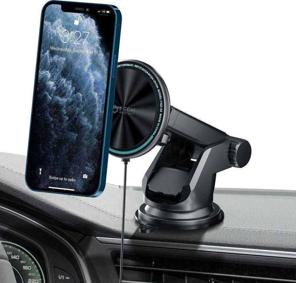 Magnetinis automobilinis laikiklis MagSafe su 15W indukcinis įkrovimas priekiniam stiklui / prietaisų skydeliui teleskopinė rankena Tech-Protect A2 juodos spalvos