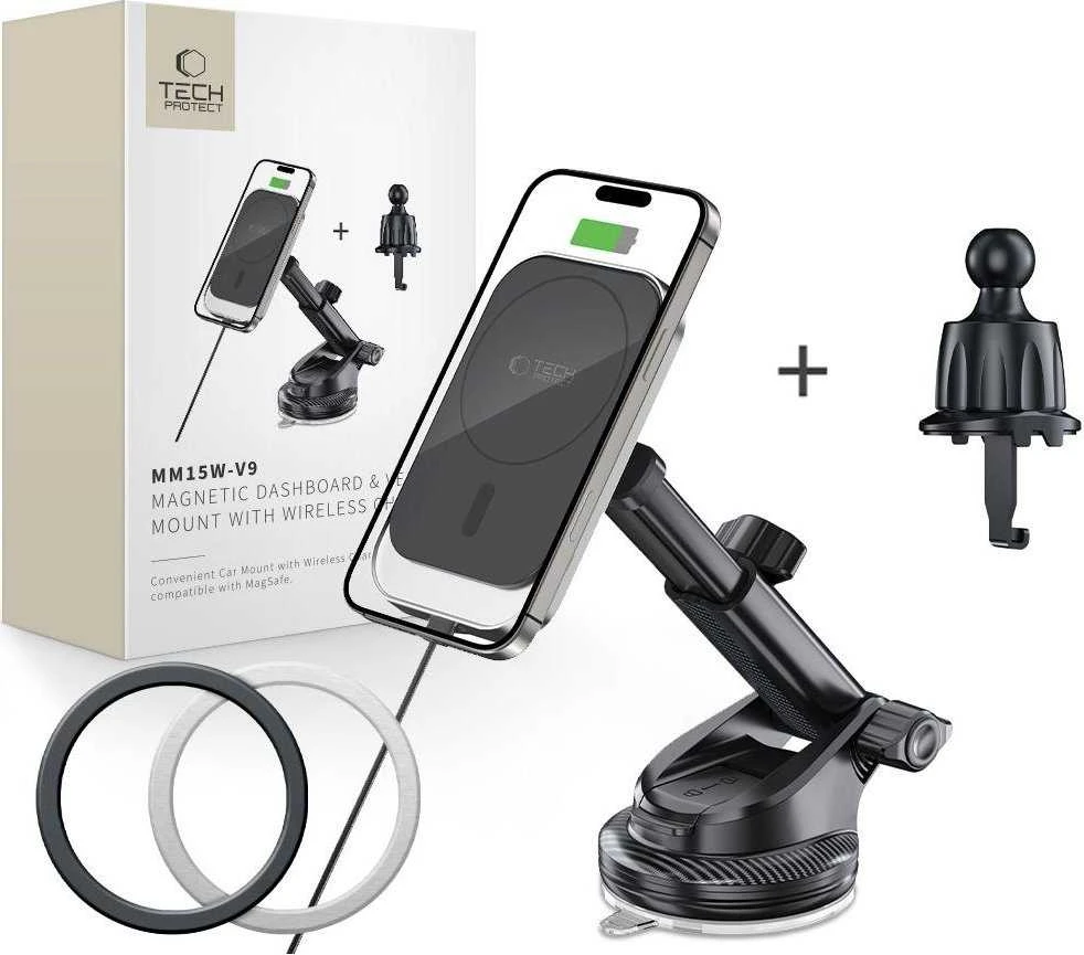 Tech-Protect MM15W-V9 automobilinis laikiklis su MagSafe prietaisų skydeliui ir oro ventiliacija 15W - Juodas