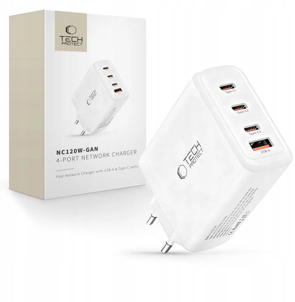 Tech-Protect NC120W-GAN 4-Port laidinis įkroviklis PD 120W / QC3.0 baltos spalvos