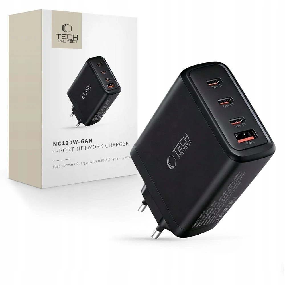 Tech-Protect NC120W-GAN 4-Port laidinis įkroviklis PD 120W / QC3.0 juodos spalvos