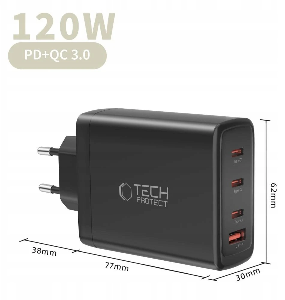 Tech-Protect NC120W-GAN 4-Port laidinis įkroviklis PD 120W / QC3.0 juodos spalvos