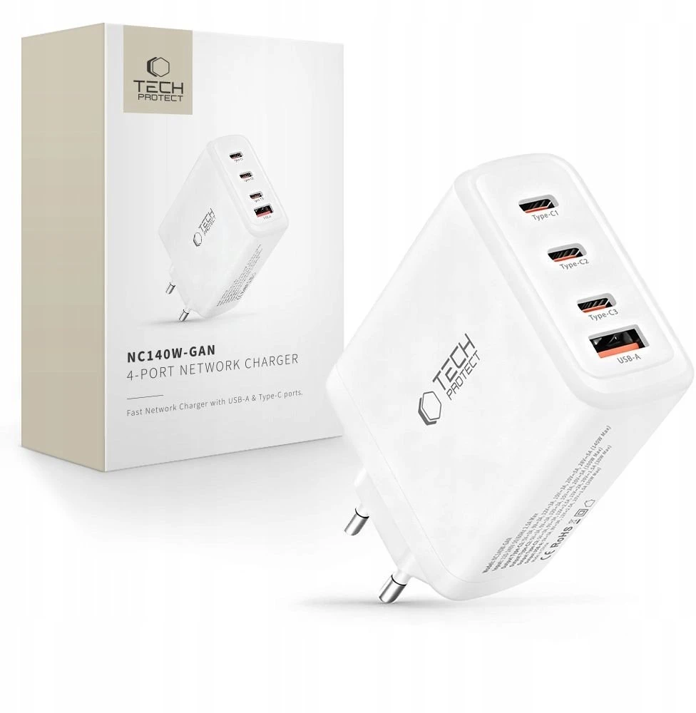 Tech-Protect NC140W-GAN 4-Port laidinis įkroviklis PD 140W / QC3.0 baltos spalvos