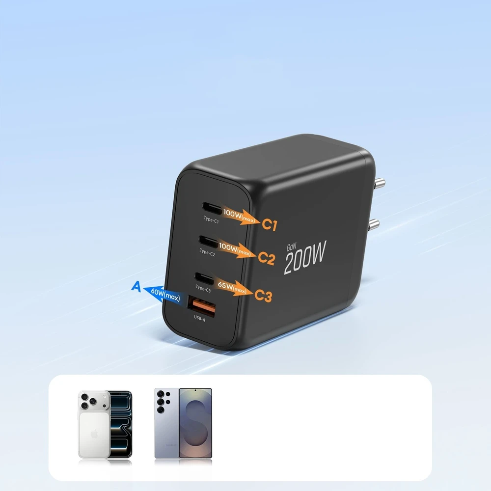 Tech-Protect NC200W-GAN 4-port laidinis įkroviklis PD 200W / QC3.0 juodos spalvos