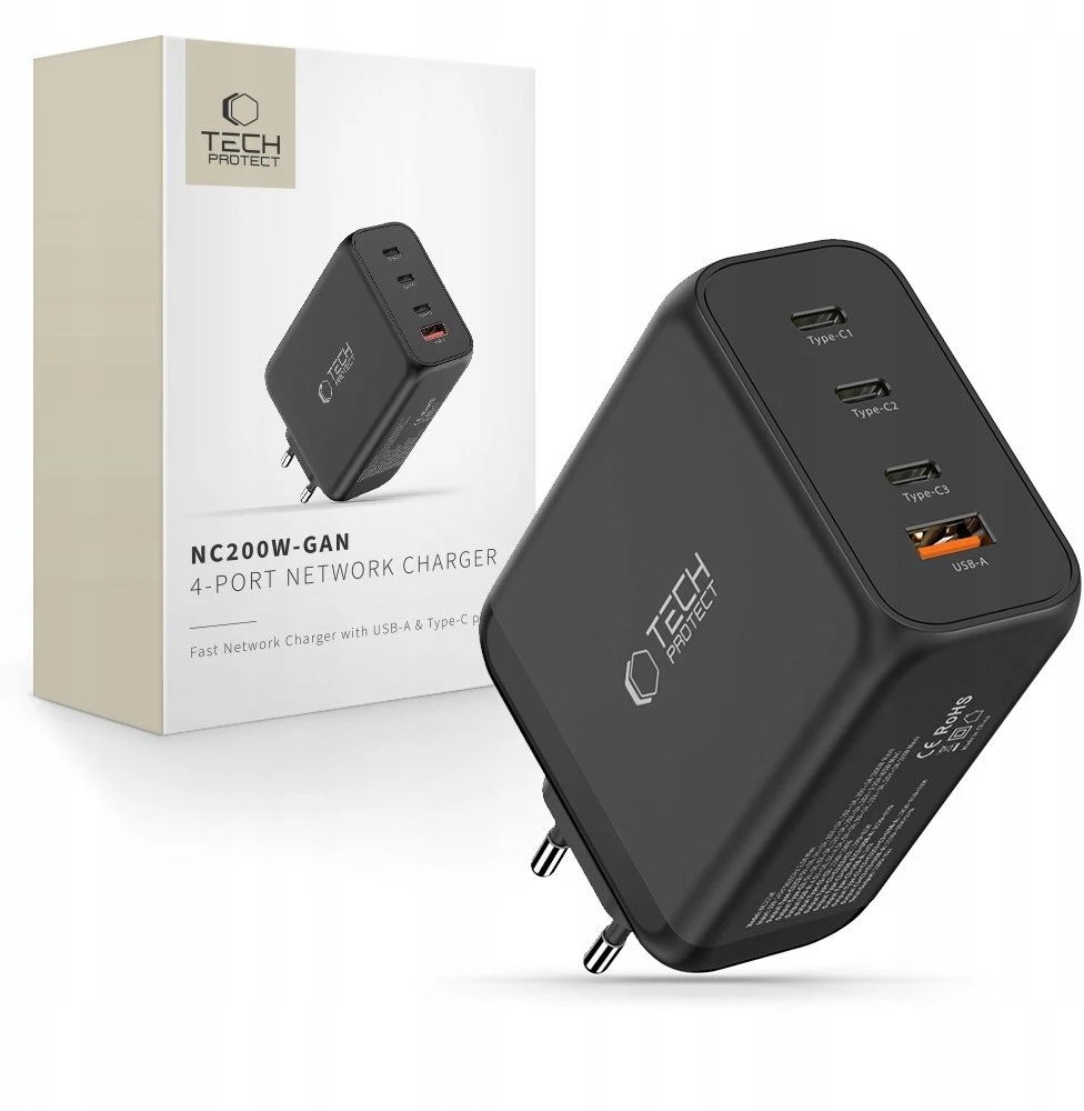 Tech-Protect NC200W-GAN 4-port laidinis įkroviklis PD 200W / QC3.0 juodos spalvos
