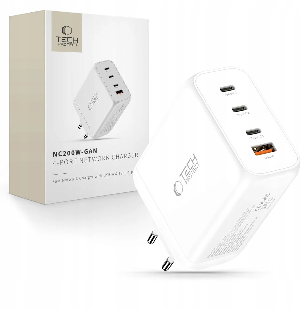 Tech-Protect NC200W-GAN 4-port laidinis įkroviklis PD 200W / QC3.0 baltos spalvos