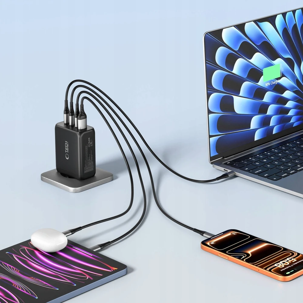Tech-Protect NC200W-GAN 4-port laidinis įkroviklis PD 200W / QC3.0 juodos spalvos