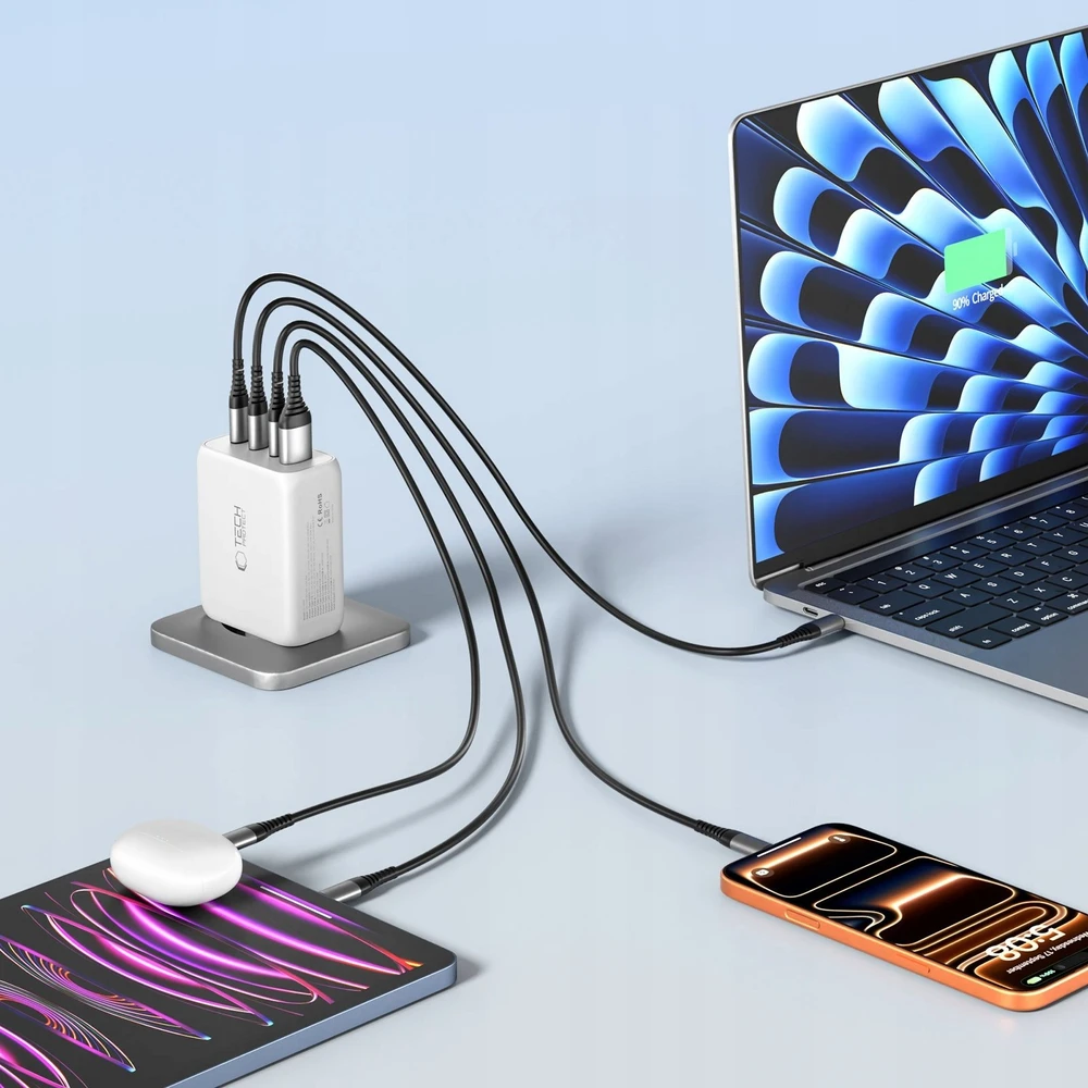 Tech-Protect NC200W-GAN 4-port laidinis įkroviklis PD 200W / QC3.0 baltos spalvos
