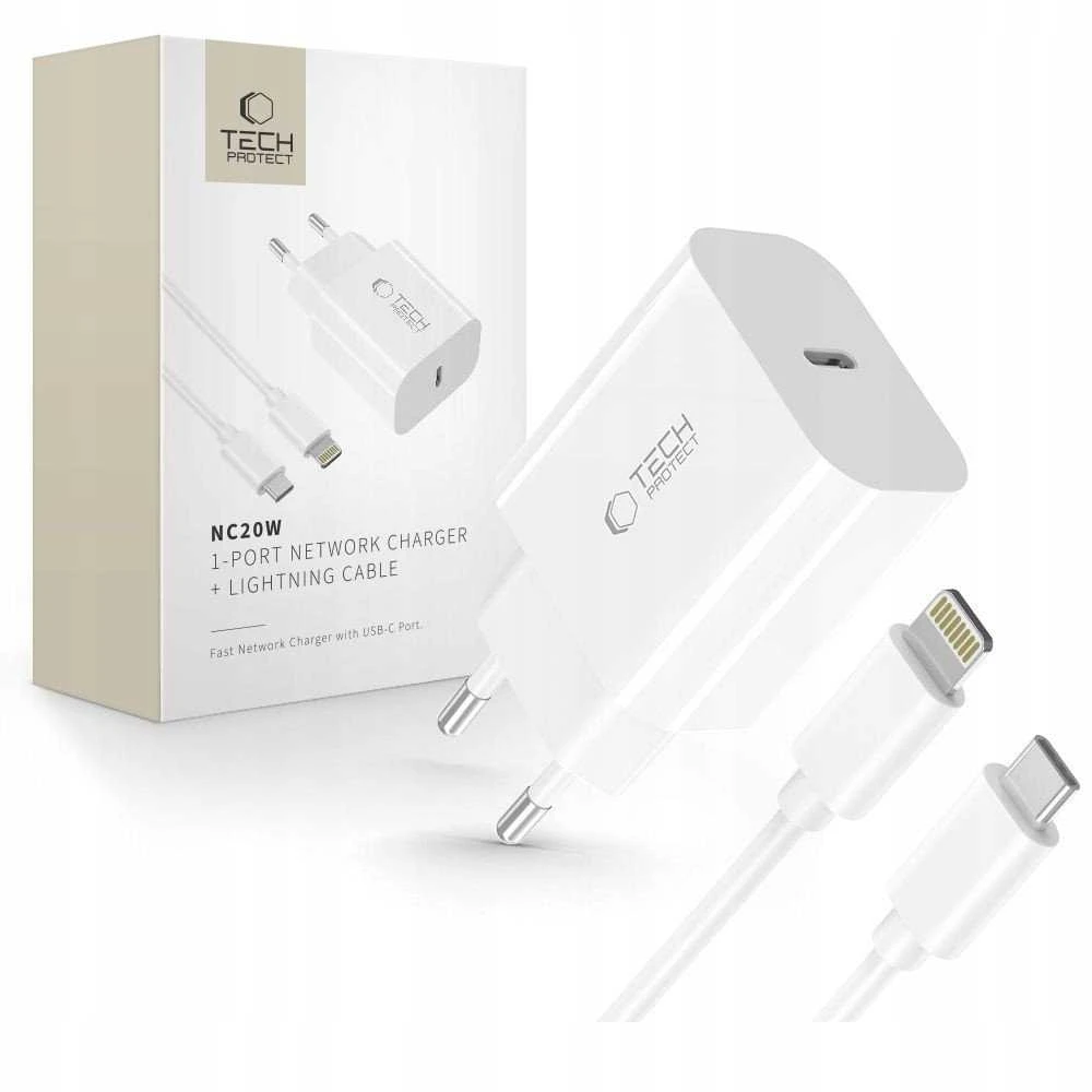 Baseus „Tech-Protect NC20W“ sieninis įkroviklis su 100 cm USB-C / „Lightning“ laidu - Baltas