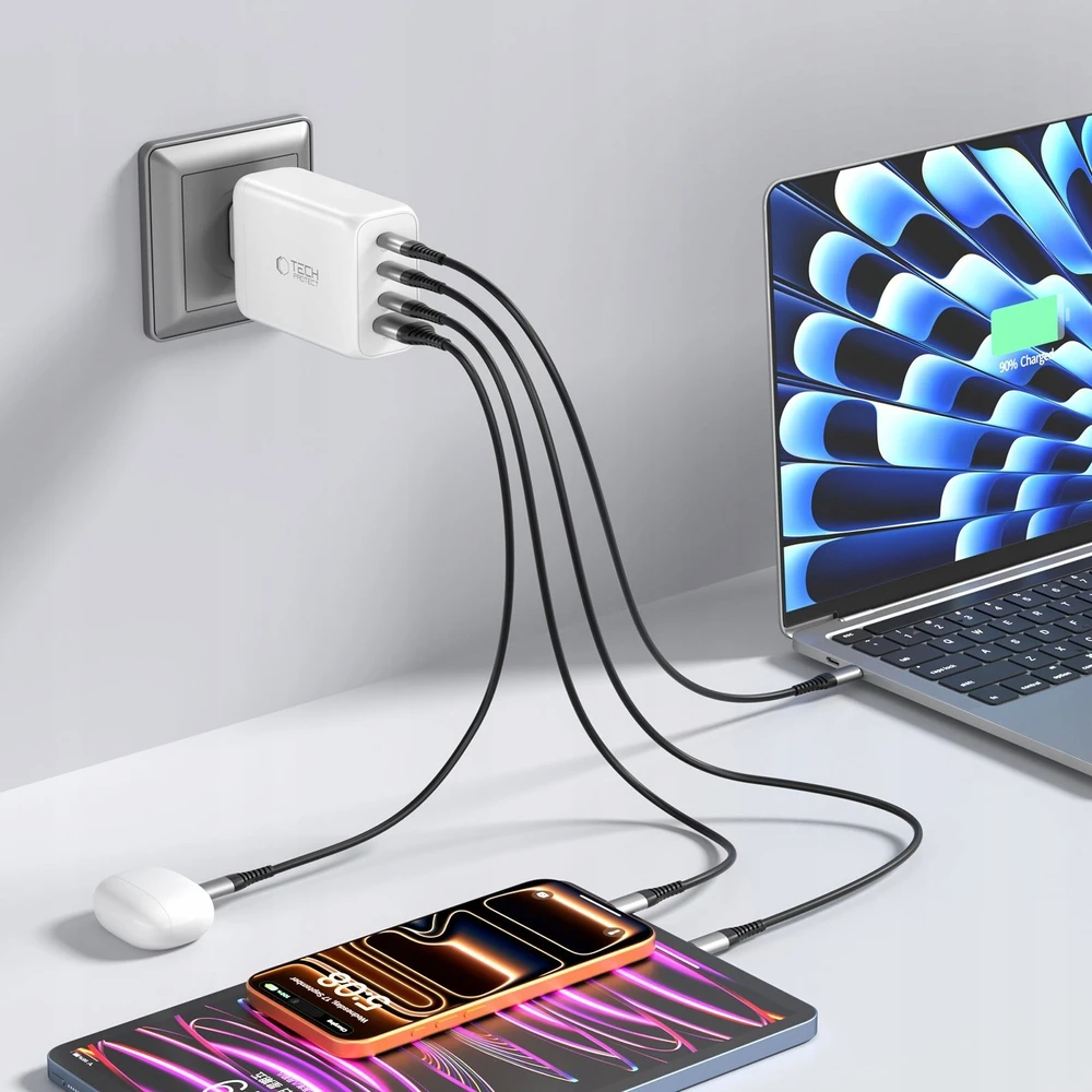 Tech-Protect NC240W-GAN 4-port laidinis įkroviklis PD 240W / QC3.0 baltos spalvos