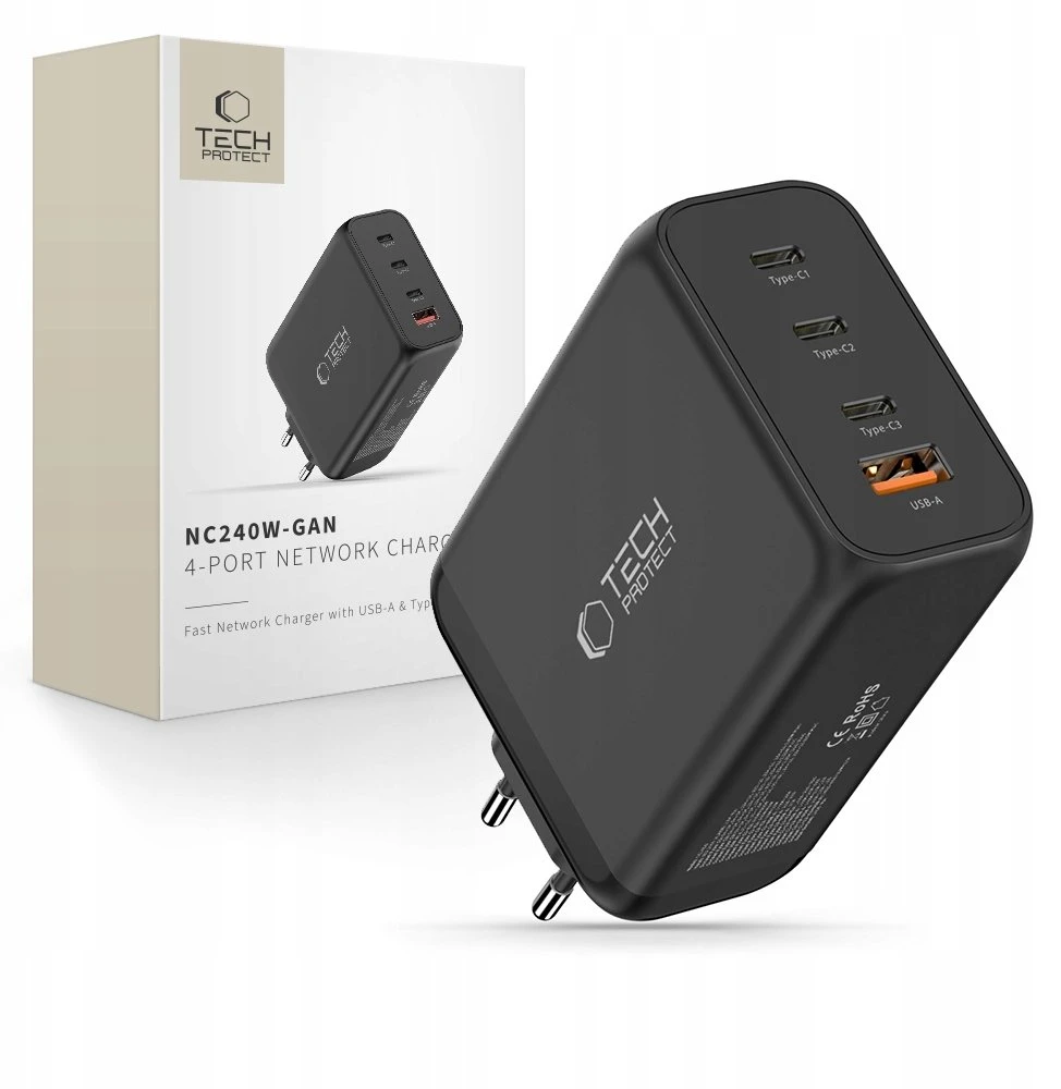 Tech-Protect NC240W-GAN 4-port laidinis įkroviklis PD 240W / QC3.0 juodos spalvos