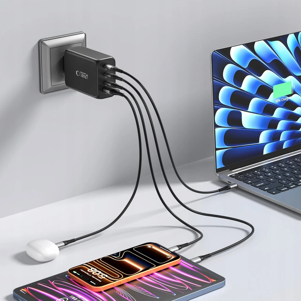 Tech-Protect NC240W-GAN 4-port laidinis įkroviklis PD 240W / QC3.0 juodos spalvos
