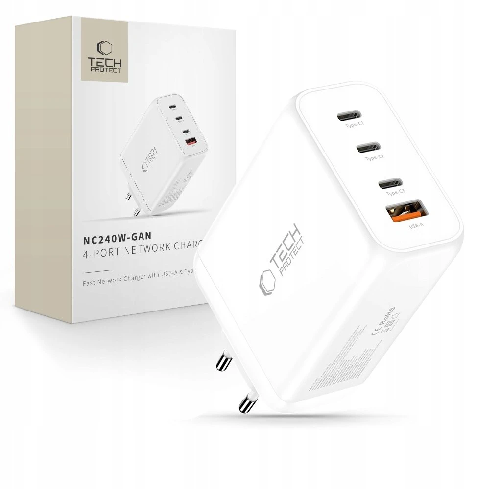 Tech-Protect NC240W-GAN 4-port laidinis įkroviklis PD 240W / QC3.0 baltos spalvos