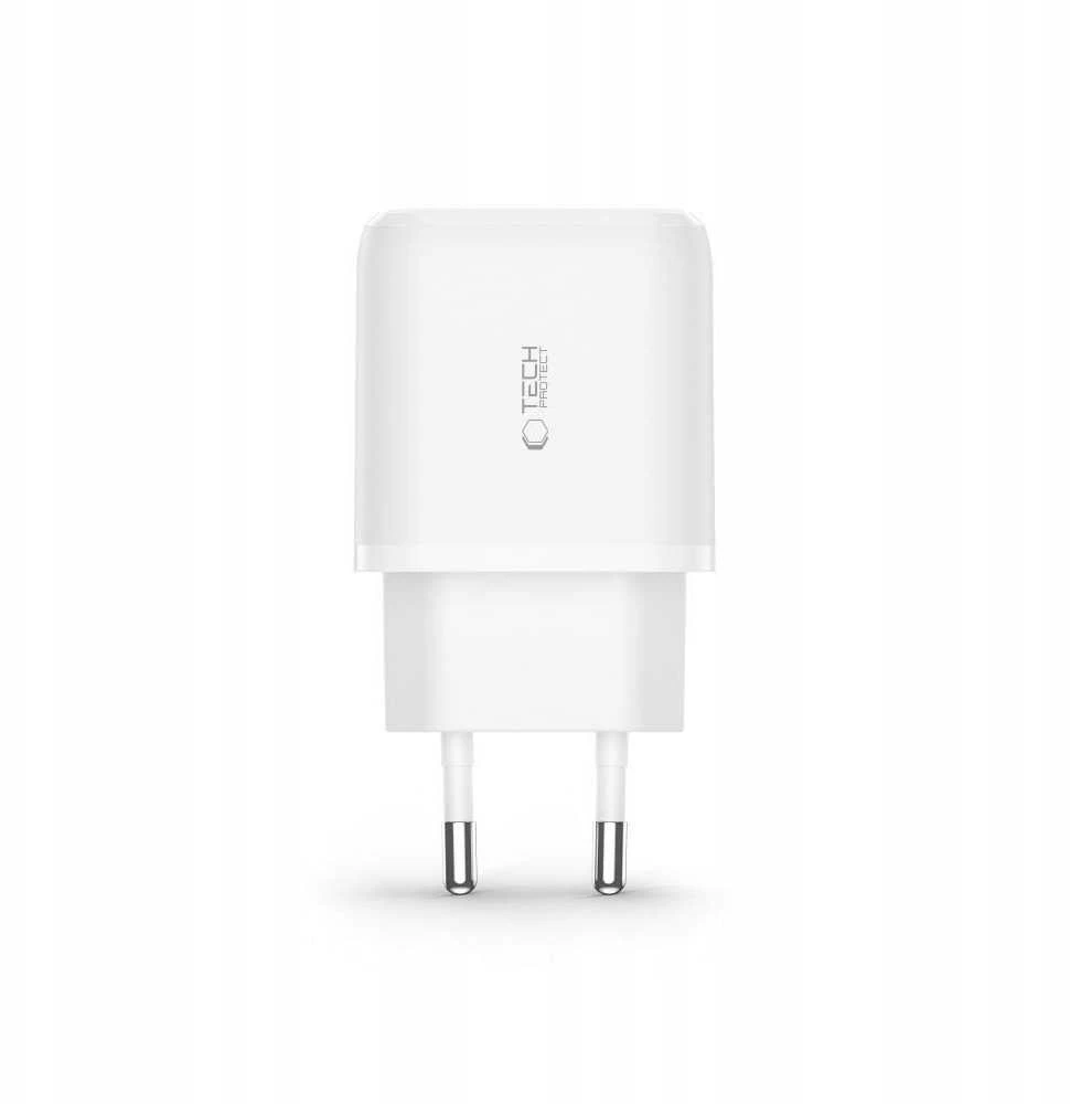 Tech-Protect NCA20 PD 20W QC3.0 USB-A / USB-C sieninis įkroviklis + USB-C / USB-C laidas 100 cm - Baltas