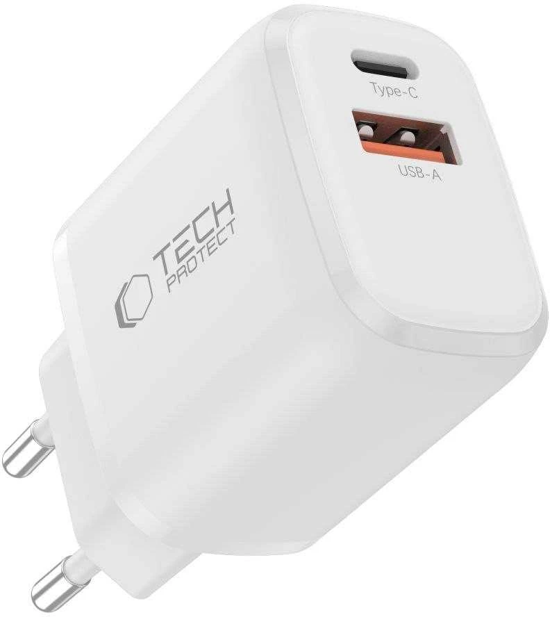 Tech-Protect NCA20 PD 20W QC3.0 USB-A / USB-C sieninis įkroviklis + USB-C / USB-C laidas 100 cm - Baltas
