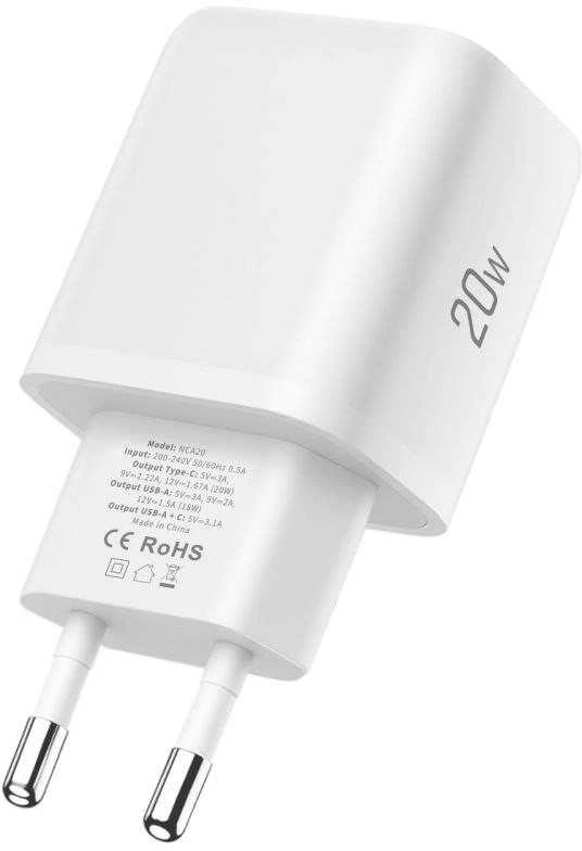 Tech-Protect NCA20 PD 20W QC3.0 USB-A / USB-C sieninis įkroviklis + USB-C / USB-C laidas 100 cm - Baltas