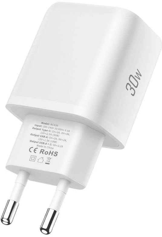 Tech-Protect NCA30 PD 30W QC3.0 USB-A / USB-C sieninis įkroviklis + USB-C / USB-C laidas 100 cm - Baltas