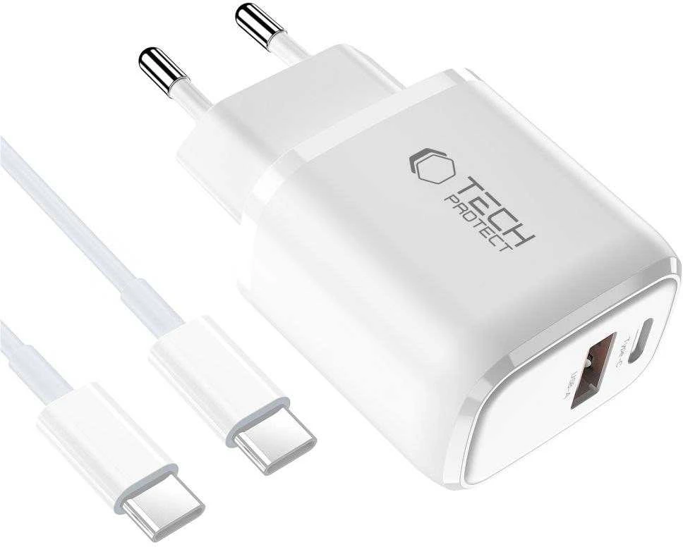 Tech-Protect NCA30 PD 30W QC3.0 USB-A / USB-C sieninis įkroviklis + USB-C / USB-C laidas 100 cm - Baltas
