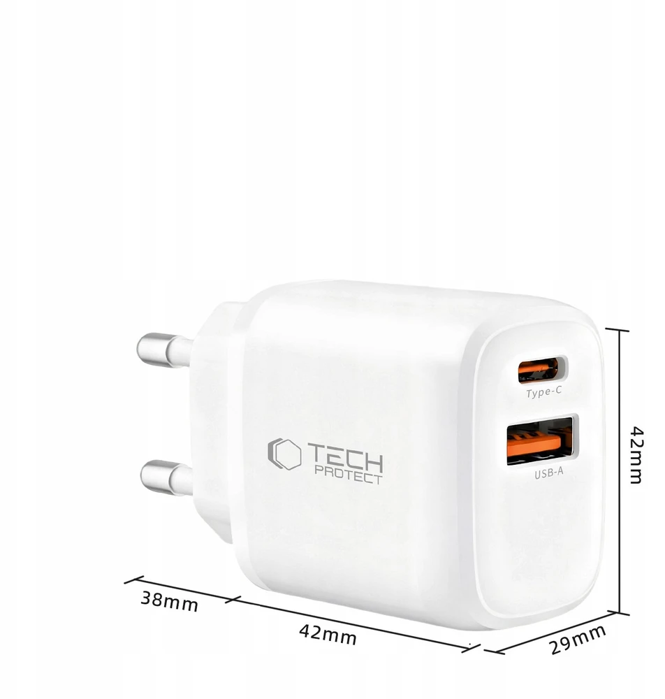 Tech-Protect NCA45W-GAN 2-PORT laidinis įkroviklis PD 45W / QC3.0 + TYPE-C kabelis baltos spalvos