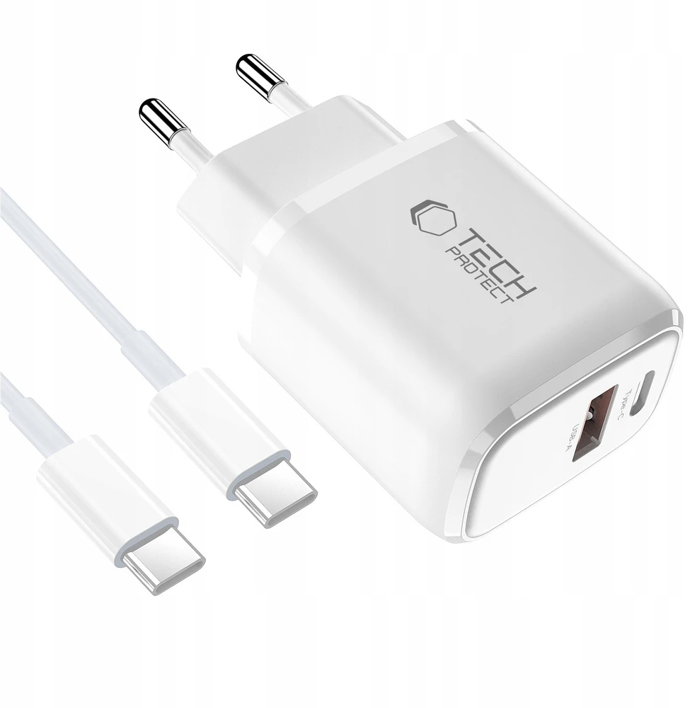 Tech-Protect NCA45W-GAN 2-PORT laidinis įkroviklis PD 45W / QC3.0 + TYPE-C kabelis baltos spalvos