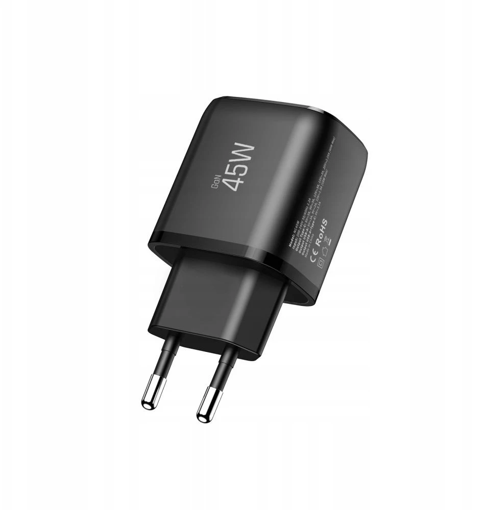 Tech-Protect NCA45W-GAN 2-Port laidinis įkroviklis PD 45W / QC3.0 + Type-C kabelis juodos spalvos