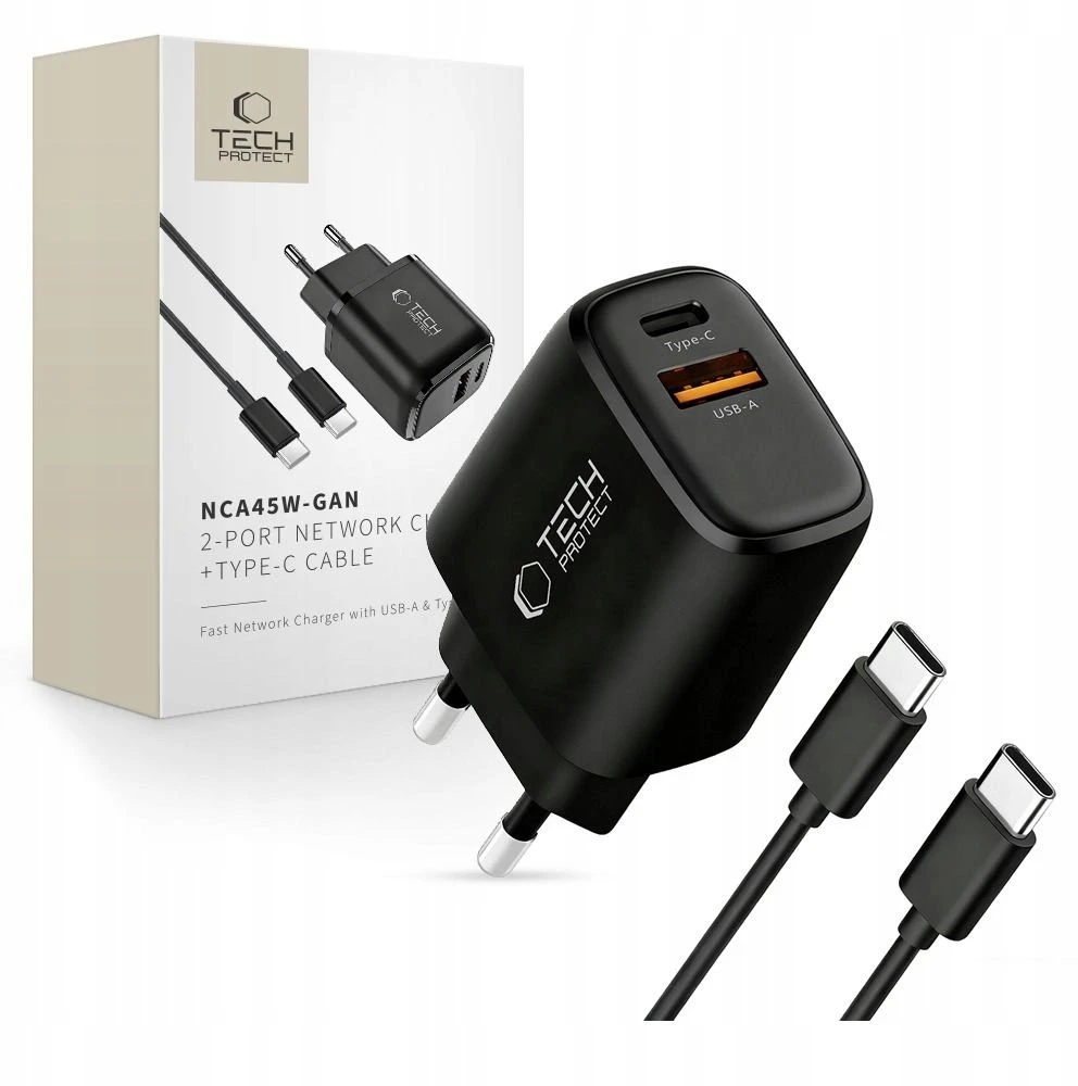 Tech-Protect NCA45W-GAN 2-Port laidinis įkroviklis PD 45W / QC3.0 + Type-C kabelis juodos spalvos