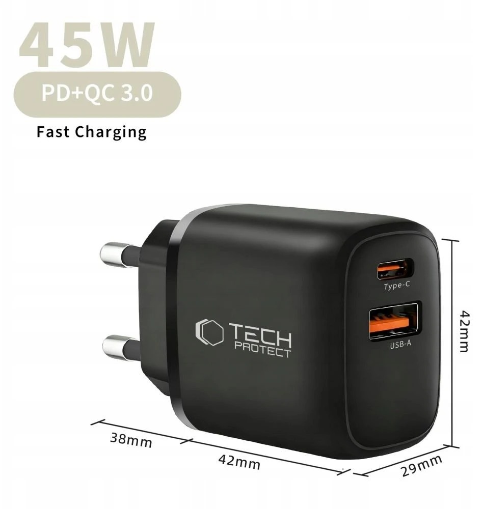 Tech-Protect NCA45W-GAN 2-Port laidinis įkroviklis PD 45W / QC3.0 + Type-C kabelis juodos spalvos