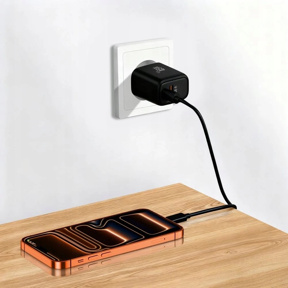Tech-Protect NCA45W-GAN 2-Port laidinis įkroviklis PD 45W / QC3.0 + Type-C kabelis juodos spalvos