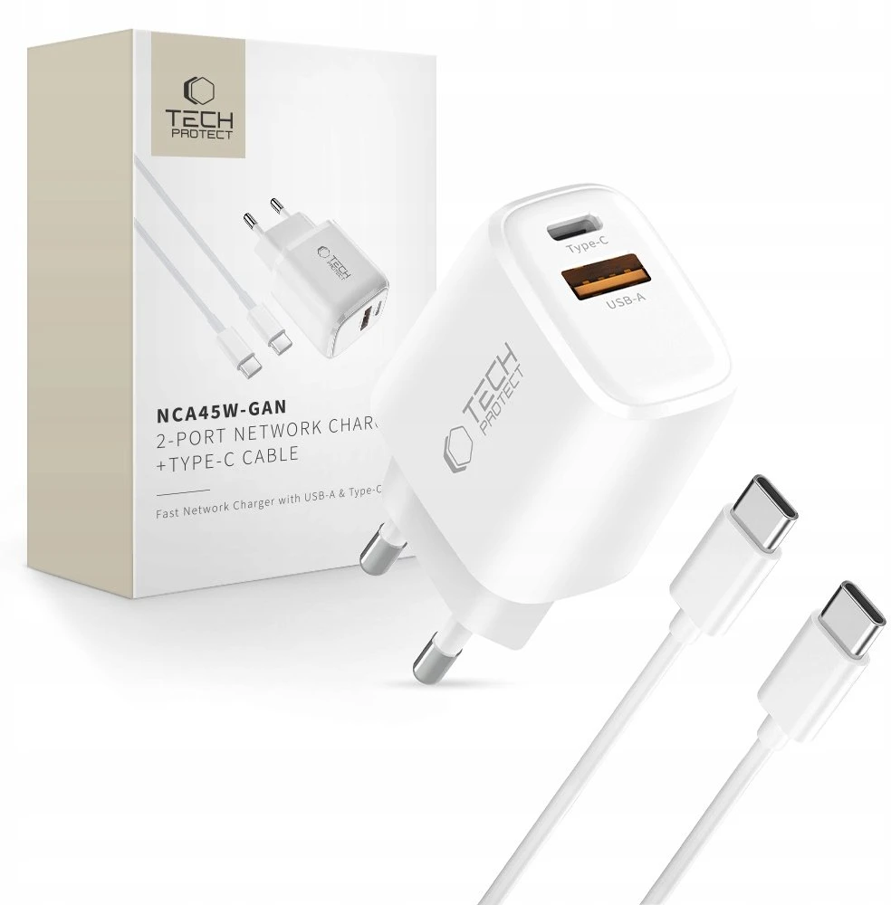 Tech-Protect NCA45W-GAN 2-PORT laidinis įkroviklis PD 45W / QC3.0 + TYPE-C kabelis baltos spalvos