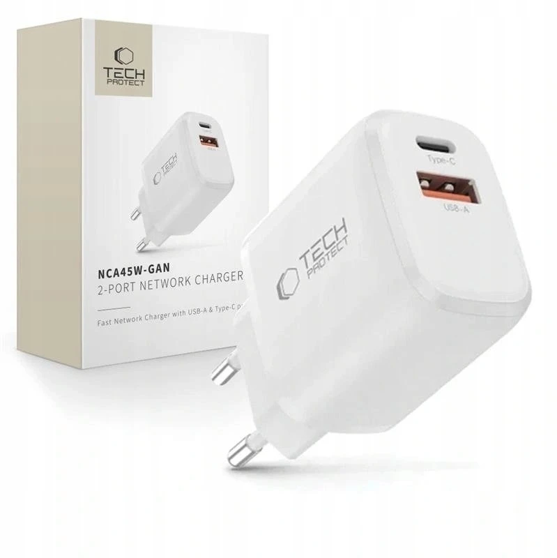 Tech-Protect NCA45W-GAN 2-Port laidinis įkroviklis PD 45W / QC3.0 baltos spalvos