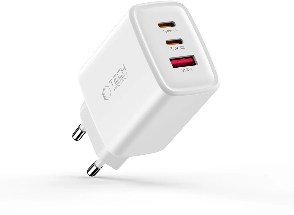 Tech-Protect NCA65W-GAN 3 prievadų tinklo įkroviklis PD 65W / QC3.0 Baltas