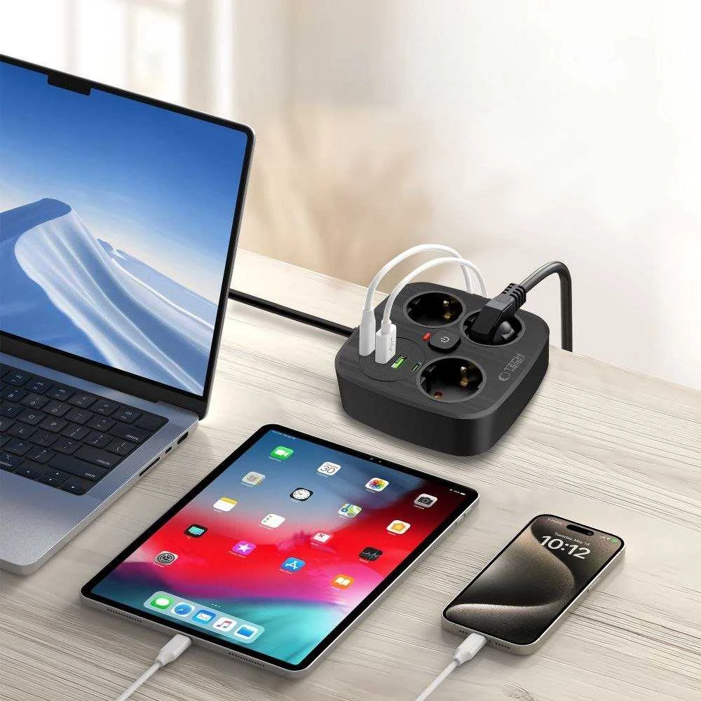 „Tech-Protect PCS3X4“ maitinimo lizdas, 3 lizdai, 2xUSB-A, 2xUSB-C, 200 cm - juodas