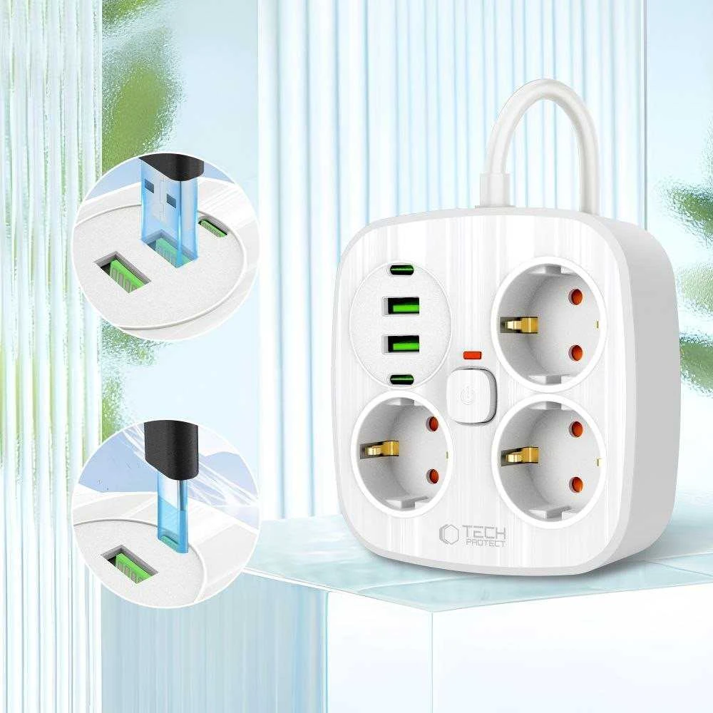 „Tech-Protect PCS3X4“ maitinimo lizdas, 3 lizdai, 2xUSB-A, 2xUSB-C, 200 cm - baltas