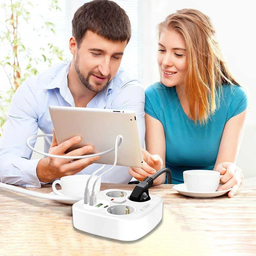 „Tech-Protect PCS3X4“ maitinimo lizdas, 3 lizdai, 2xUSB-A, 2xUSB-C, 200 cm - baltas